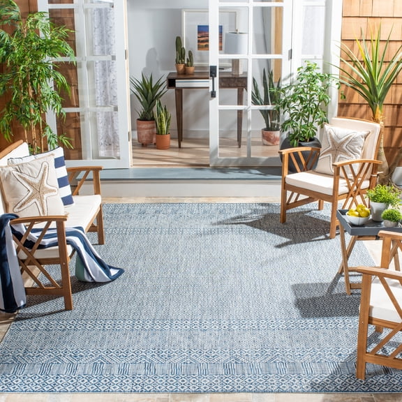 SAFAVIEH Courtyard Evander Geometric Indoor/Outdoor Area Rug, Gray/Blue, 6'7" x 6'7" Square