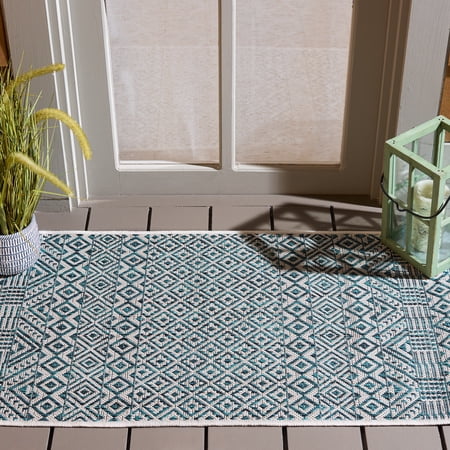 SAFAVIEH Courtyard Evander Geometric Indoor/Outdoor Area Rug, Ivory/Aqua, 2'7" x 5'