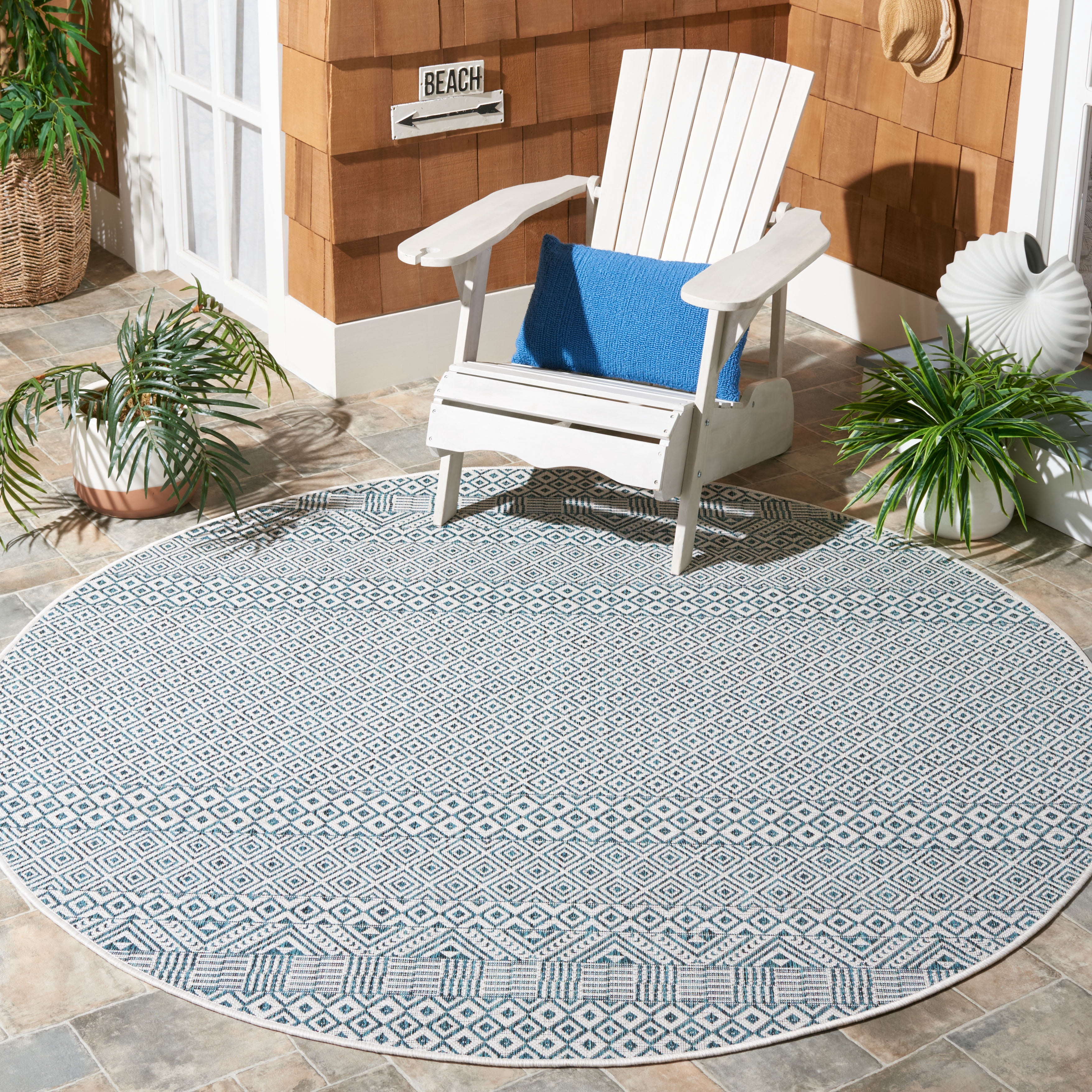 SAFAVIEH Courtyard Evander Geometric Indoor/Outdoor Area Rug, Ivory/Aqua, 6'7" x 6'7" Round