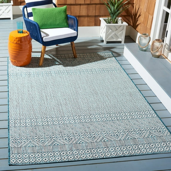 SAFAVIEH Courtyard Evander Geometric Indoor/Outdoor Area Rug, Ivory/Aqua, 8' x 10'