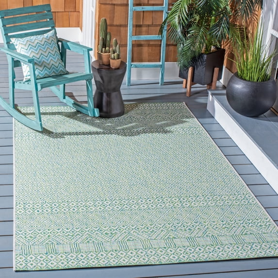SAFAVIEH Courtyard Evander Geometric Indoor/Outdoor Area Rug, Ivory/Green, 4' x 5'7"