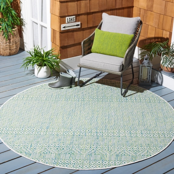 SAFAVIEH Courtyard Evander Geometric Indoor/Outdoor Area Rug, Ivory/Green, 5'3" x 5'3" Round