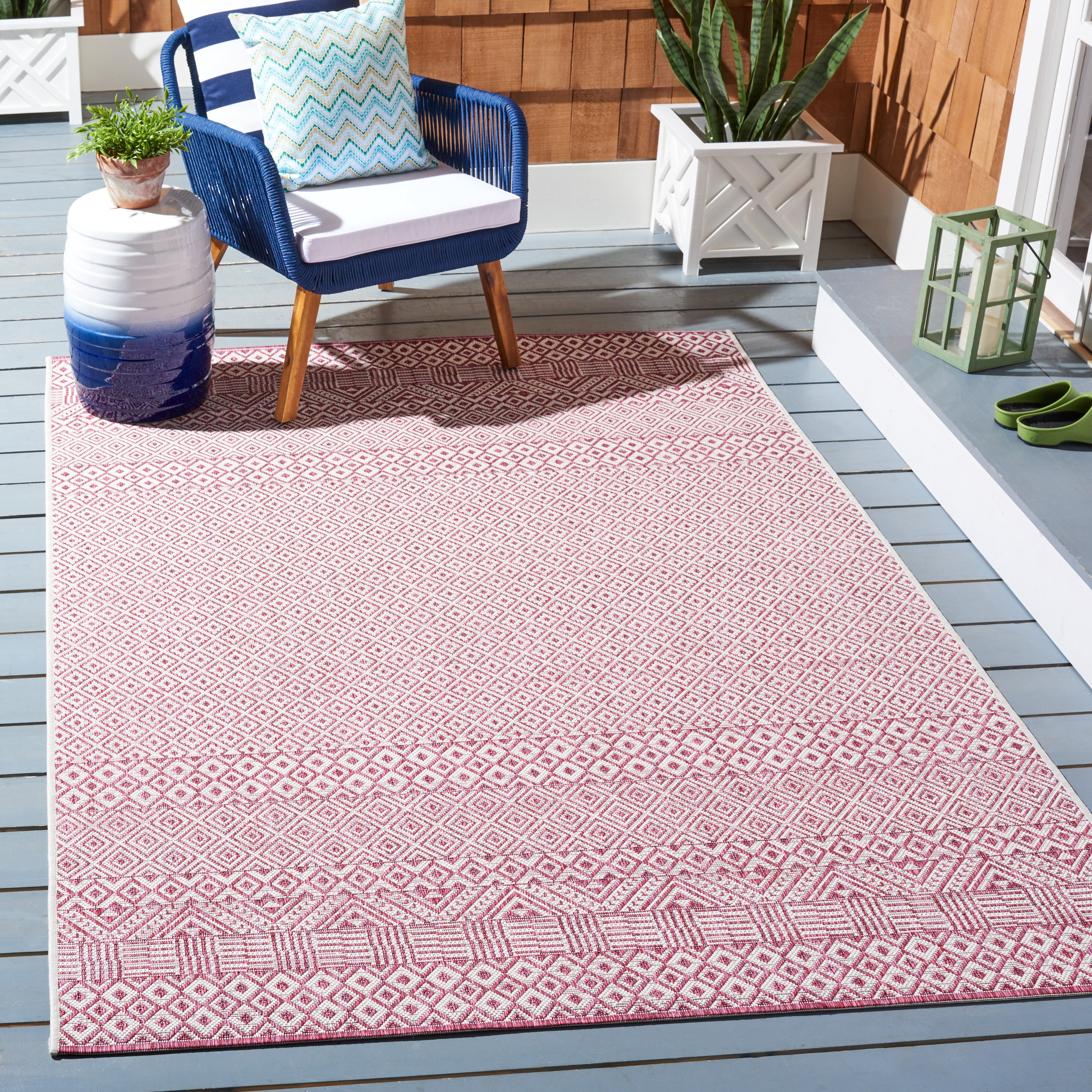 SAFAVIEH Courtyard Evander Geometric Indoor/Outdoor Area Rug, Ivory/Red, 6'7" x 6'7" Square