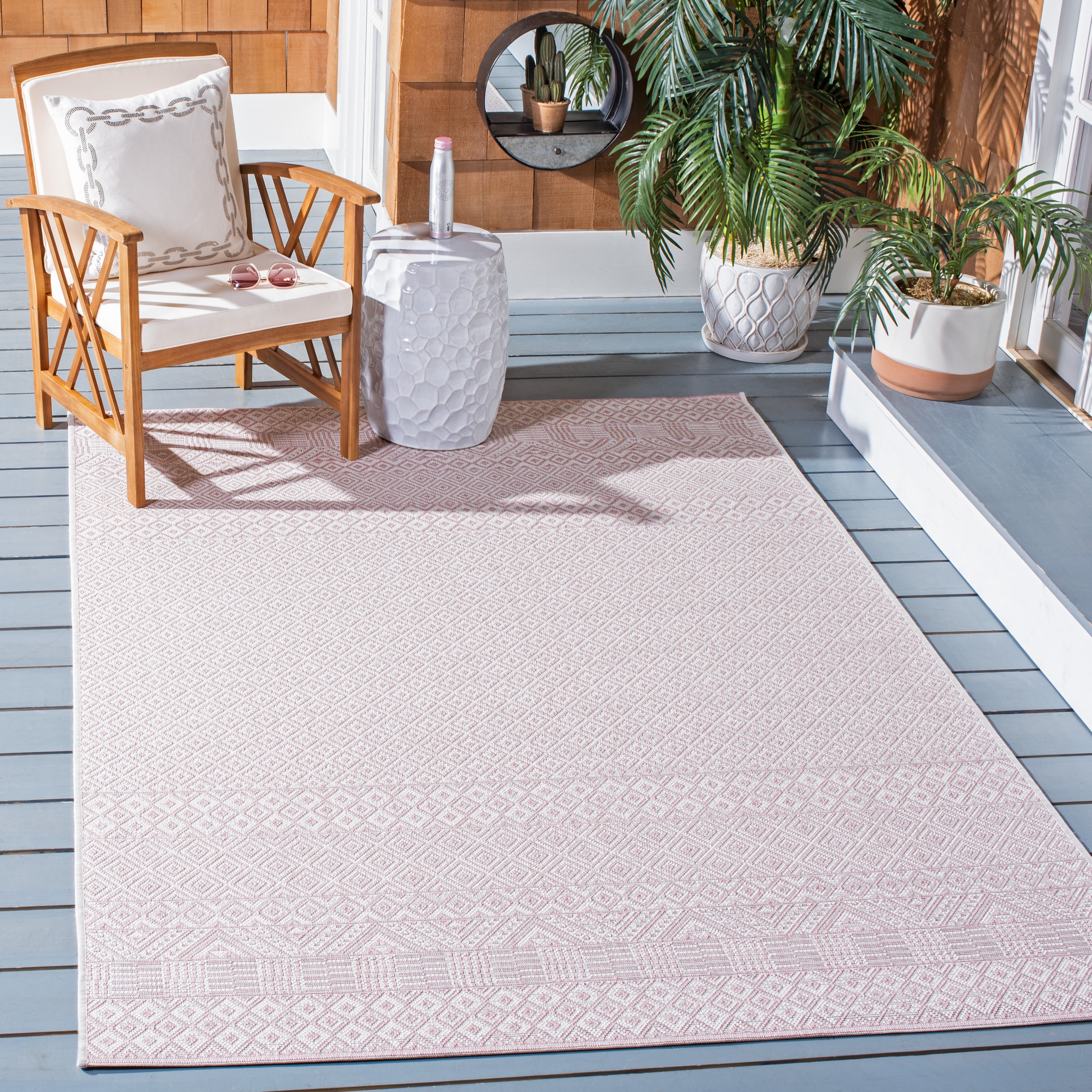 SAFAVIEH Courtyard Evander Geometric Indoor/Outdoor Area Rug, Ivory/Soft Pink, 5'3" x 7'7"
