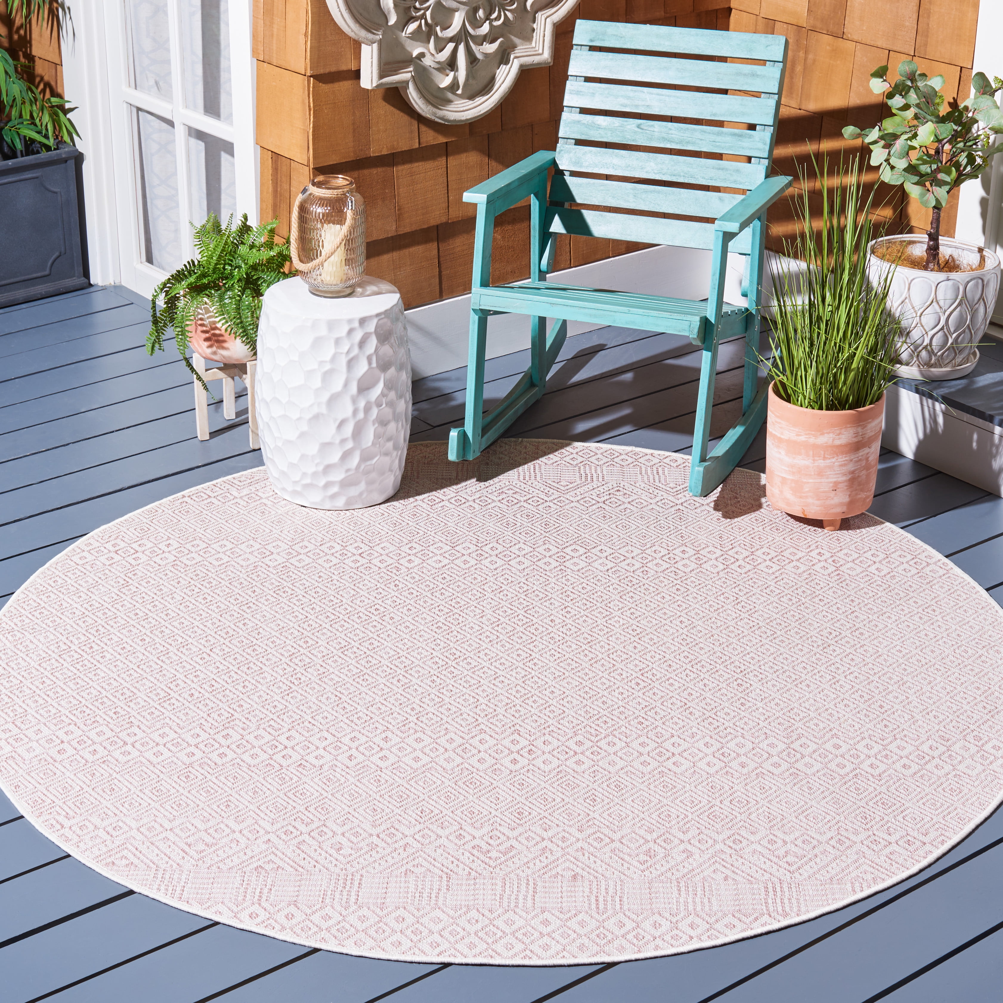 SAFAVIEH Courtyard Evander Geometric Indoor/Outdoor Area Rug, Ivory/Soft Pink, 6'7" x 6'7" Round