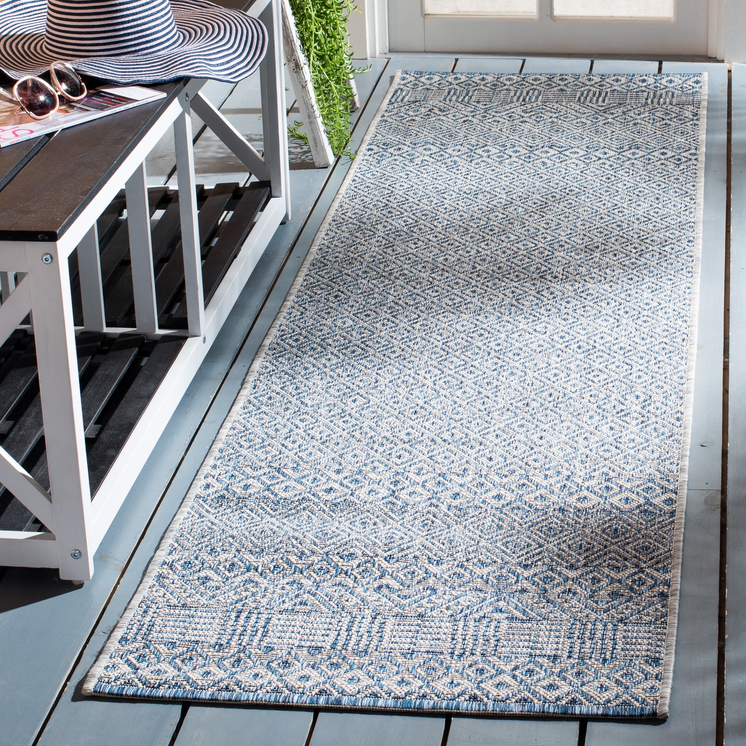 SAFAVIEH Courtyard Evander Geometric Indoor/Outdoor Runner Rug, Gray/Blue, 2'3" x 16'