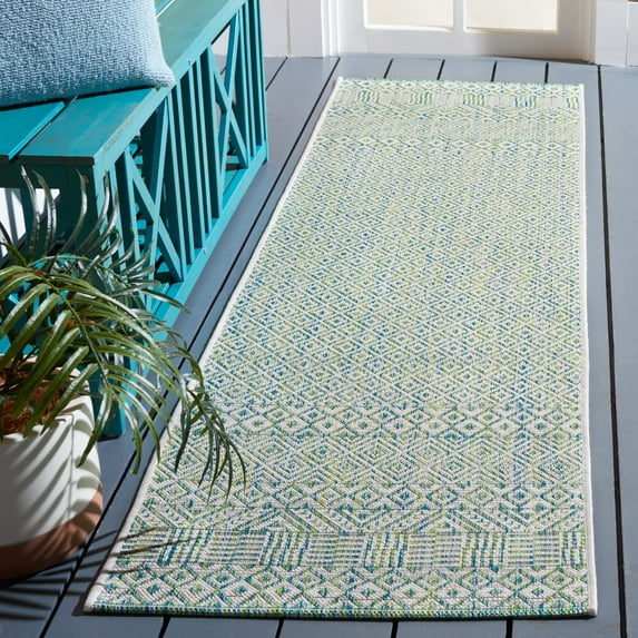 SAFAVIEH Courtyard Evander Geometric Indoor/Outdoor Runner Rug, Ivory/Green, 2'3" x 5'