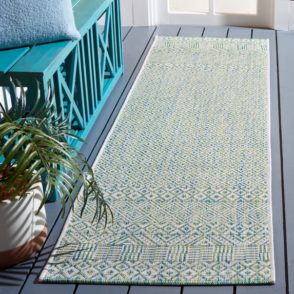 SAFAVIEH Courtyard Evander Geometric Indoor/Outdoor Runner Rug, Ivory/Green, 2'3" x 8'