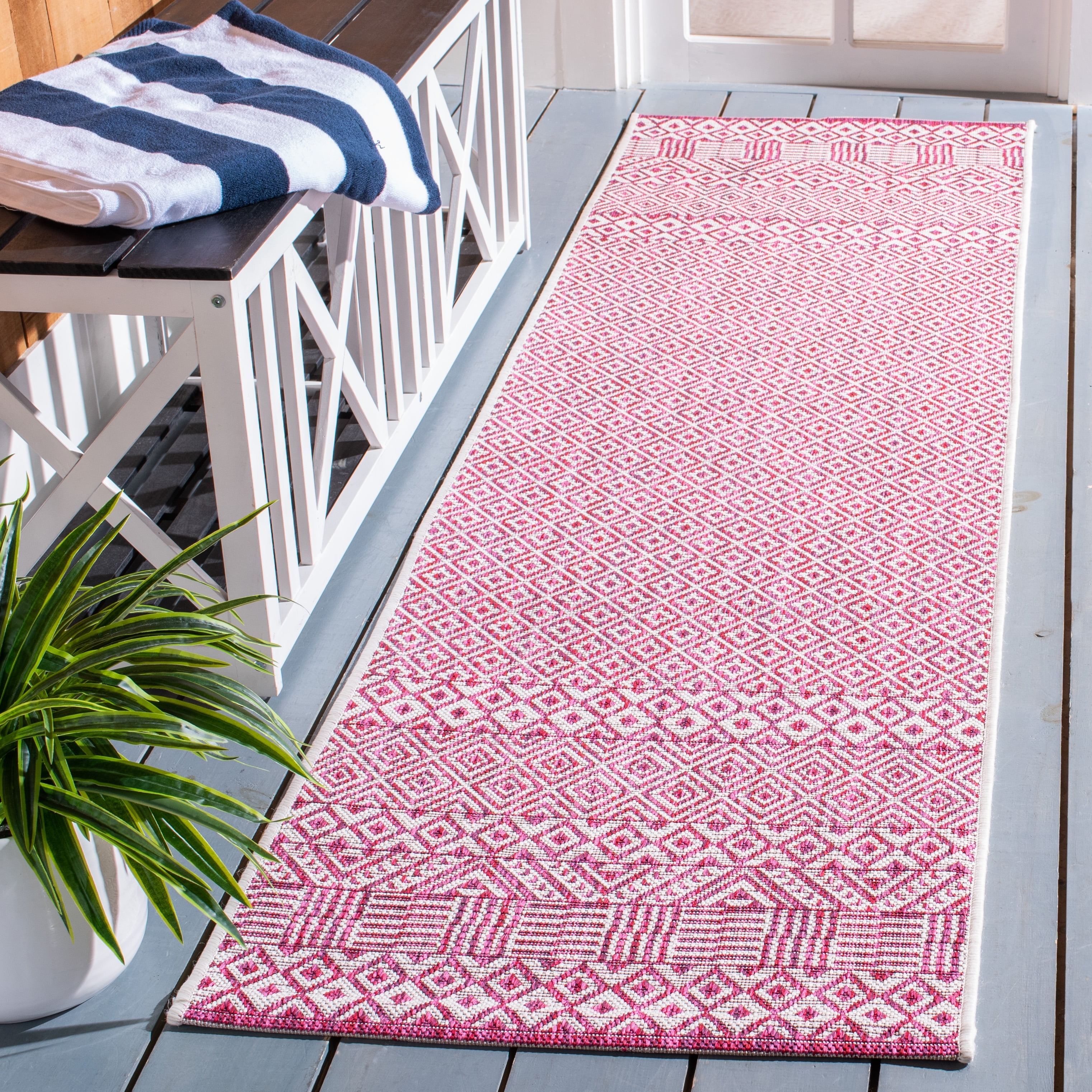 SAFAVIEH Courtyard Evander Geometric Indoor/Outdoor Runner Rug, Ivory/Red, 2'3" x 8'