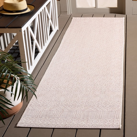 SAFAVIEH Courtyard Evander Geometric Indoor/Outdoor Runner Rug, Ivory/Soft Pink, 2'3" x 6'7"