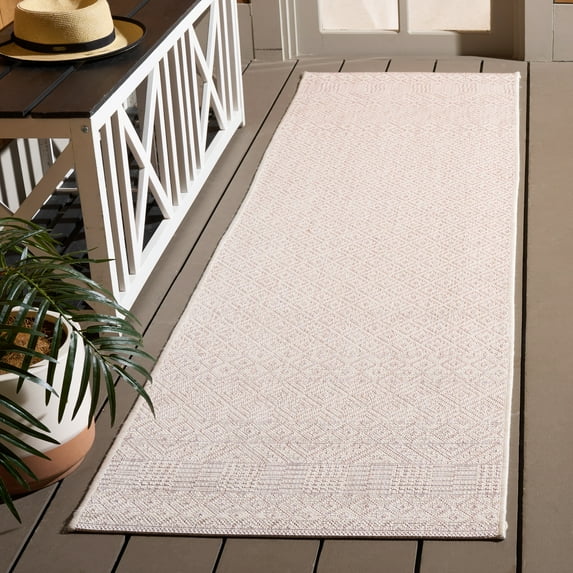 SAFAVIEH Courtyard Evander Geometric Indoor/Outdoor Runner Rug, Ivory/Soft Pink, 2'3" x 8'