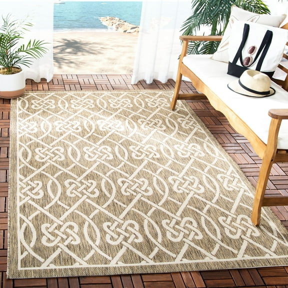 SAFAVIEH Courtyard Finian Distressed Geometric Indoor/Outdoor Area Rug Mocha/Light Beige, 6'7" x 9'6"