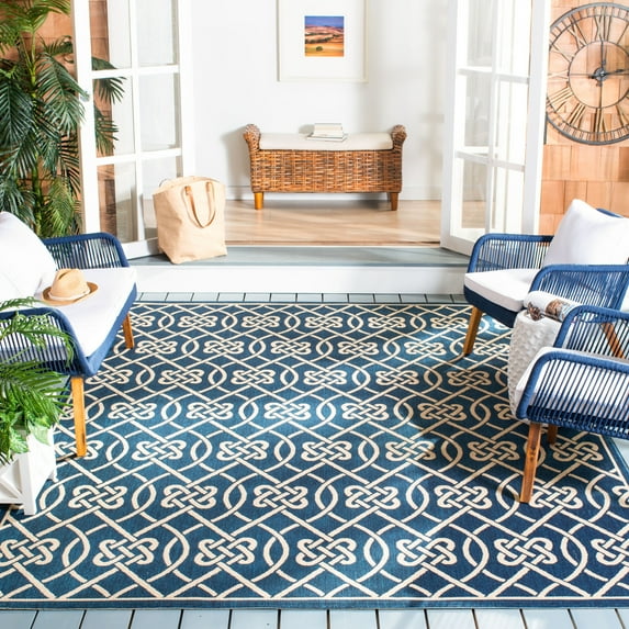 SAFAVIEH Courtyard Finian Distressed Geometric Indoor/Outdoor Area Rug Navy/Light Beige, 8' x 11'
