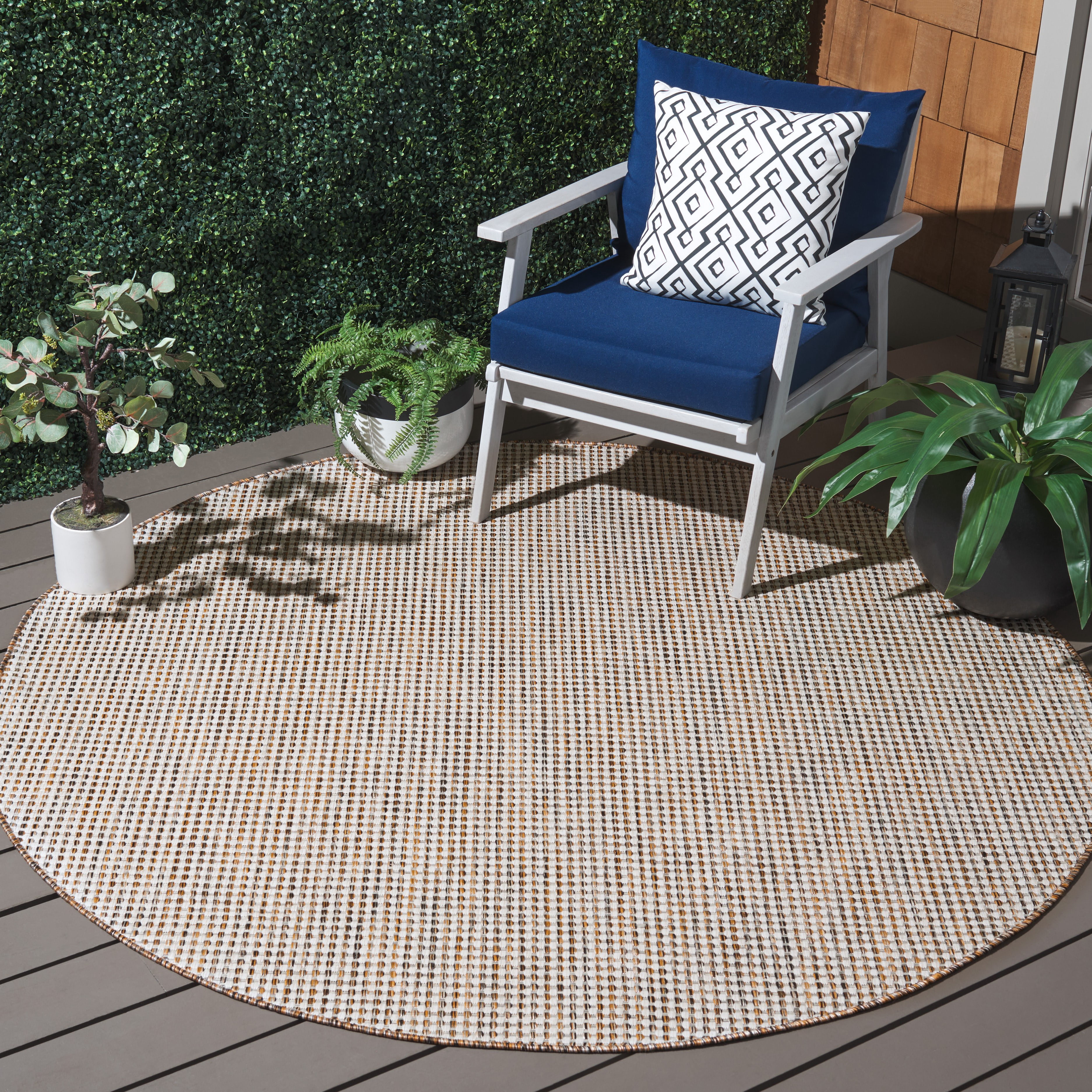 SAFAVIEH Courtyard Finola Geometric Indoor/Outdoor Area Rug, Ivory Grey/Rust, 6'7" x 6'7" Round