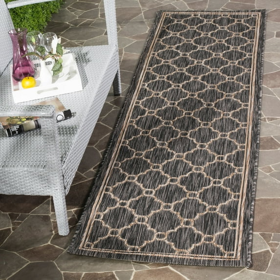 SAFAVIEH Courtyard Fisher Geometric Quatrefoil Indoor/Outdoor Runner, 2'3" x 8', Natural/Black