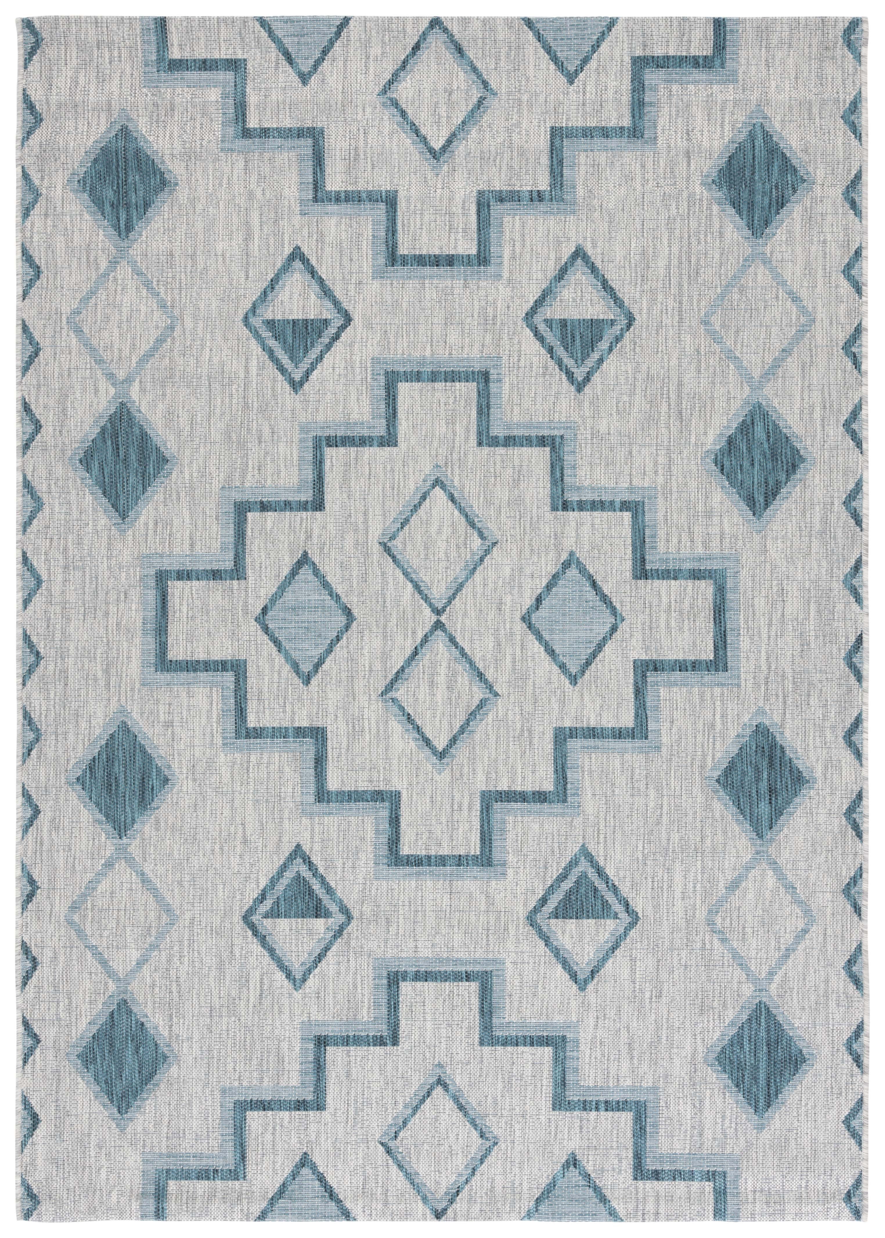 SAFAVIEH Courtyard Floella Geometric Indoor/Outdoor Area Rug, 4' x 5'7", Grey/Teal