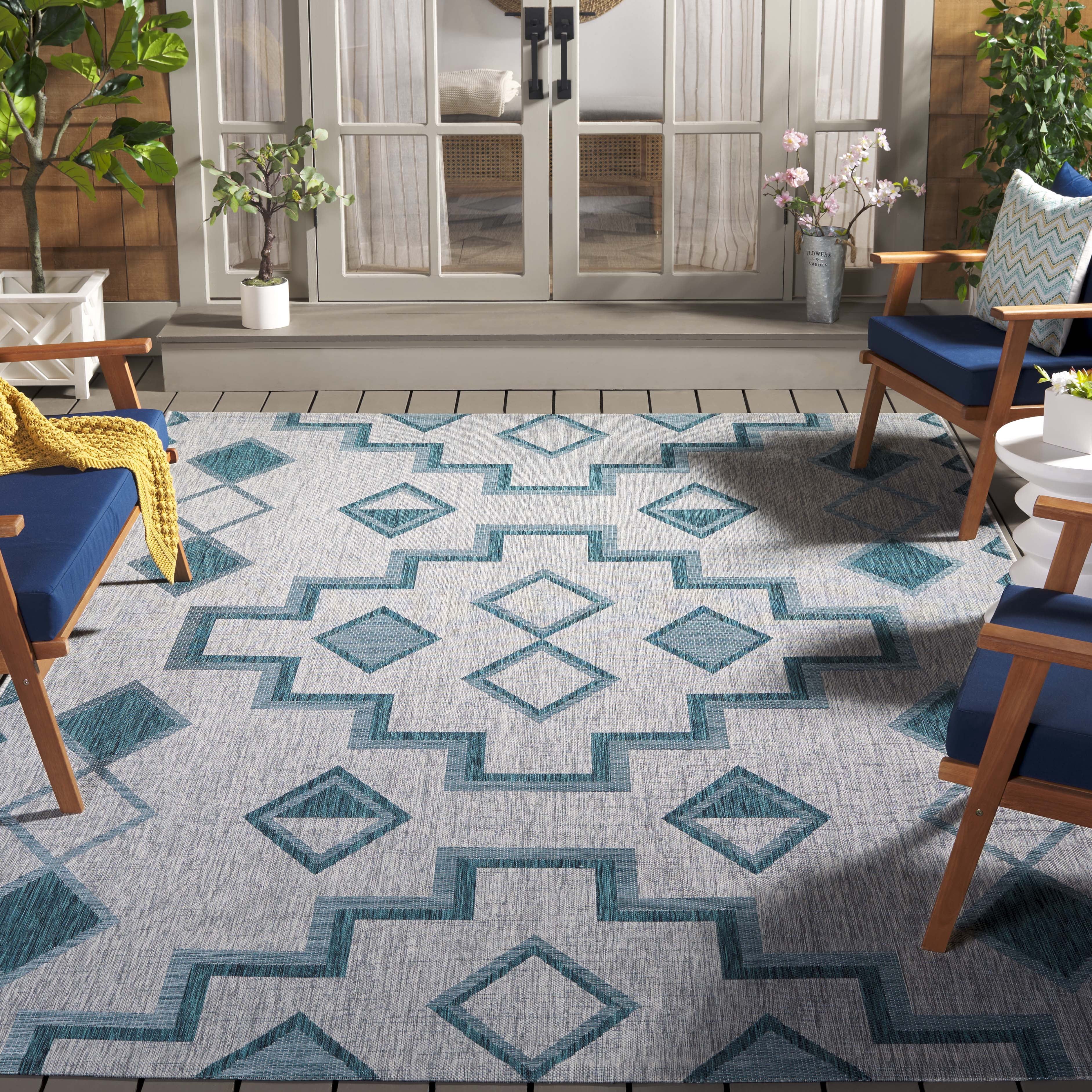 SAFAVIEH Courtyard Floella Geometric Indoor/Outdoor Area Rug, 6'7" x 6'7" Square, Grey/Teal