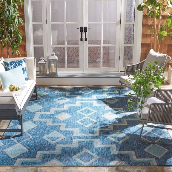 SAFAVIEH Courtyard Floella Geometric Indoor/Outdoor Area Rug, 8' x 11', Navy/Aqua