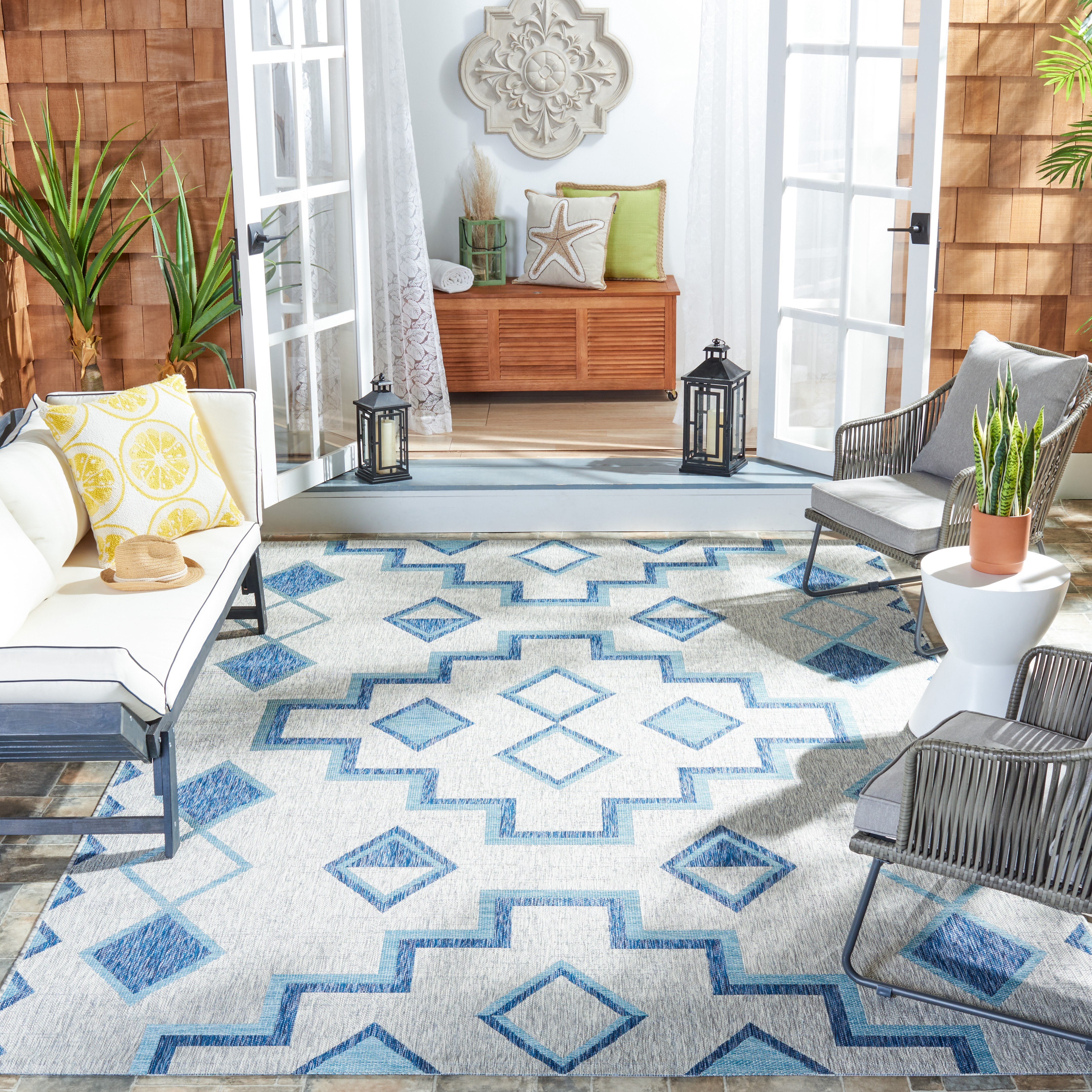 SAFAVIEH Courtyard Floella Geometric Indoor/Outdoor Area Rug, 9' x 12', Grey/Aqua