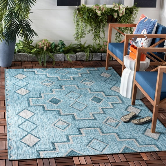 SAFAVIEH Courtyard Floella Geometric Indoor/Outdoor Area Rug, Aqua/Grey, 5'3" x 7'7"