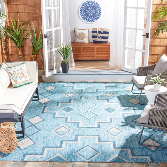 SAFAVIEH Courtyard Floella Geometric Indoor/Outdoor Area Rug, Aqua/Grey, 6'7" x 6'7" Square