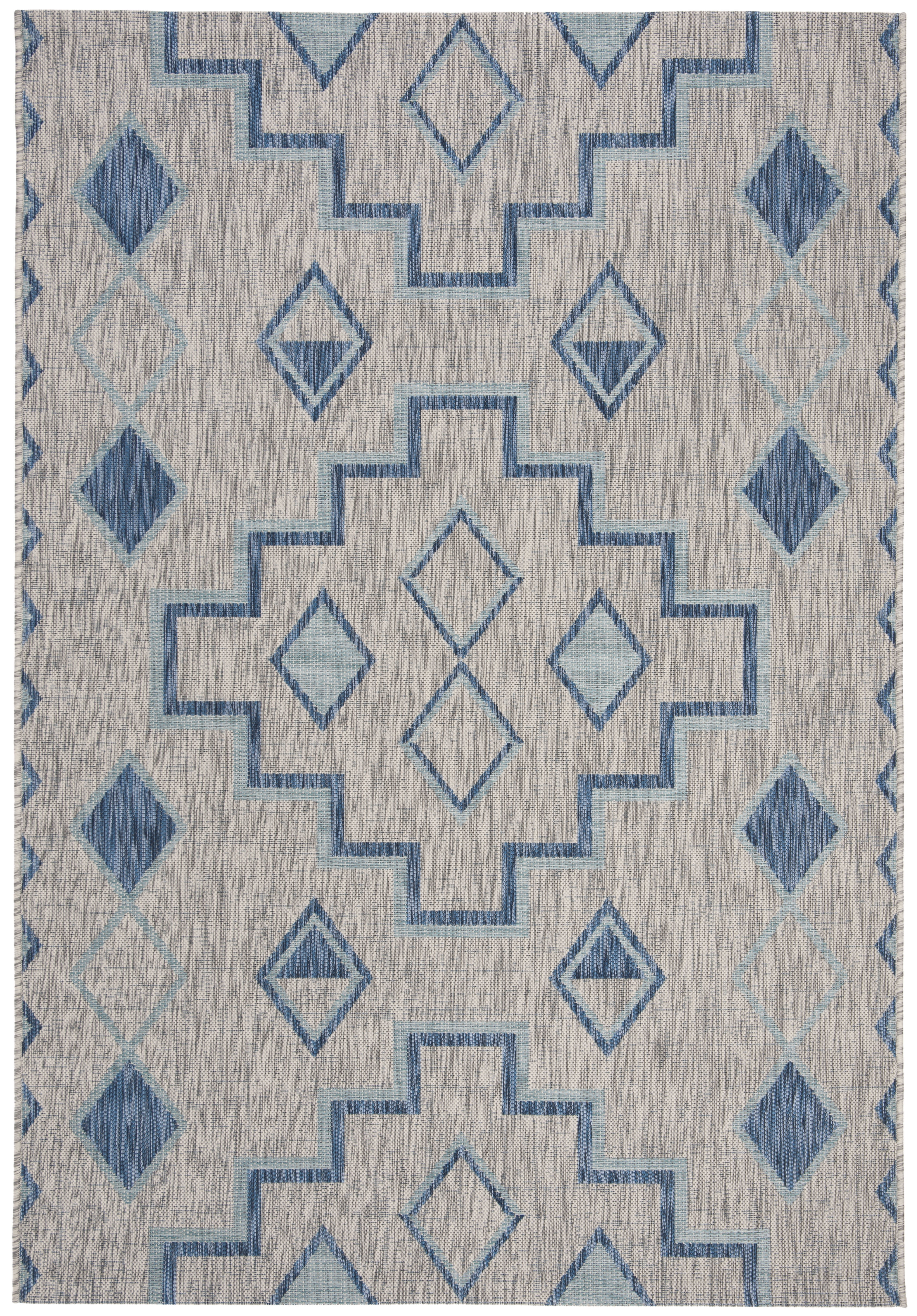 Gray and Blue Geometric Pattern Round Synthetic Rug