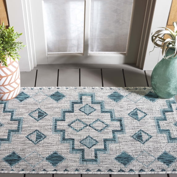 SAFAVIEH Courtyard Floella Geometric Indoor/Outdoor Area Rug, Grey/Teal, 2'7" x 5'
