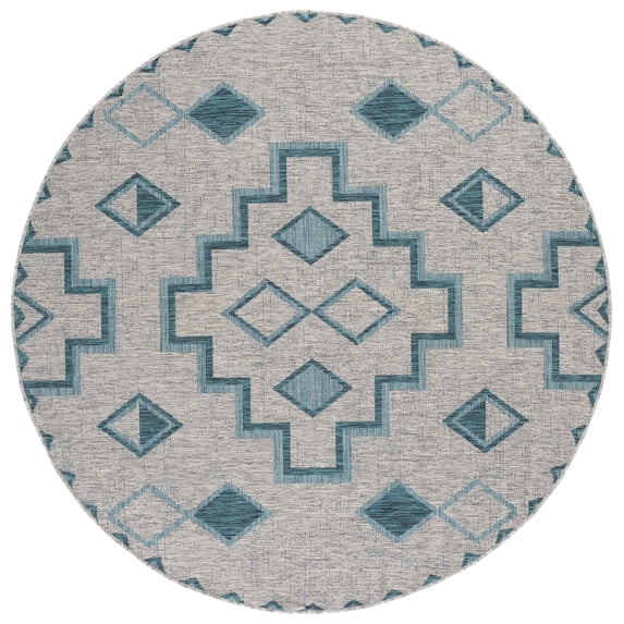 SAFAVIEH Courtyard Floella Geometric Indoor/Outdoor Area Rug, Grey/Teal, 6'7" x 6'7" Round