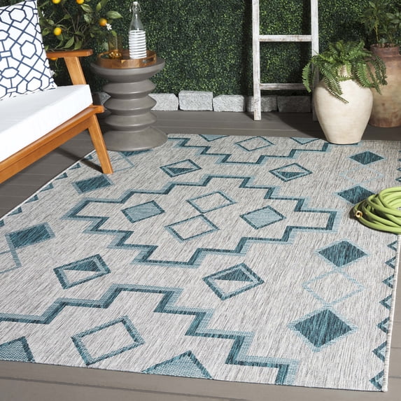 SAFAVIEH Courtyard Floella Geometric Indoor/Outdoor Area Rug, Grey/Teal, 6'7" x 9'6"