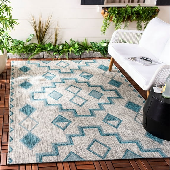 SAFAVIEH Courtyard Floella Geometric Indoor/Outdoor Area Rug, Grey/Teal, 8' x 11'