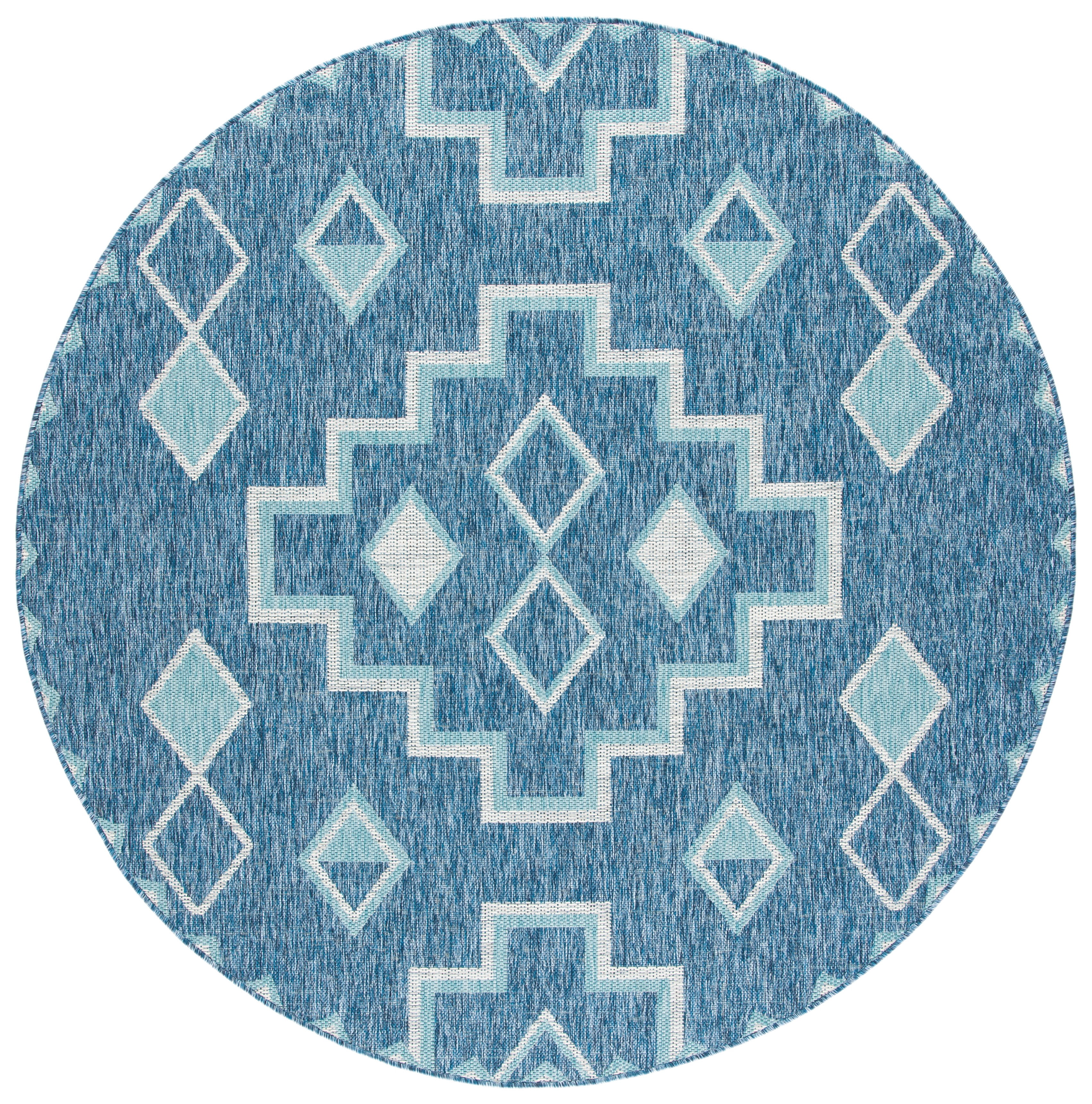 SAFAVIEH Courtyard Floella Geometric Indoor/Outdoor Area Rug, Navy/Aqua, 6'7" x 6'7" Round