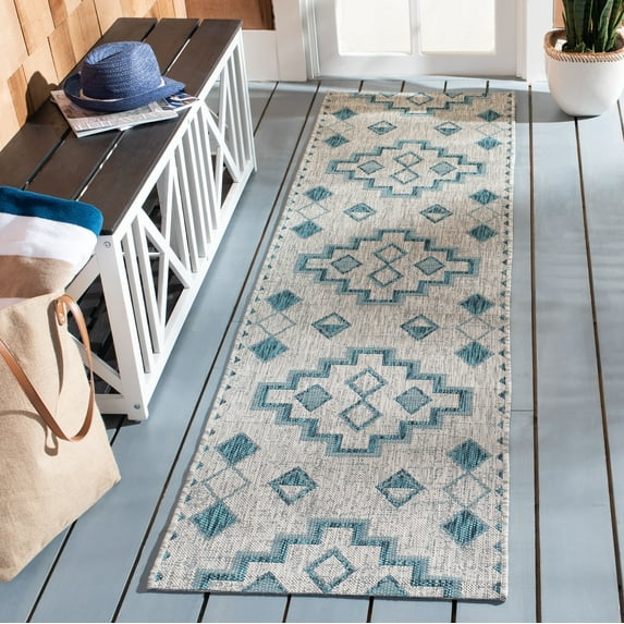 SAFAVIEH Courtyard Floella Geometric Indoor/Outdoor Runner Rug, Grey/Teal, 2'3" x 10'