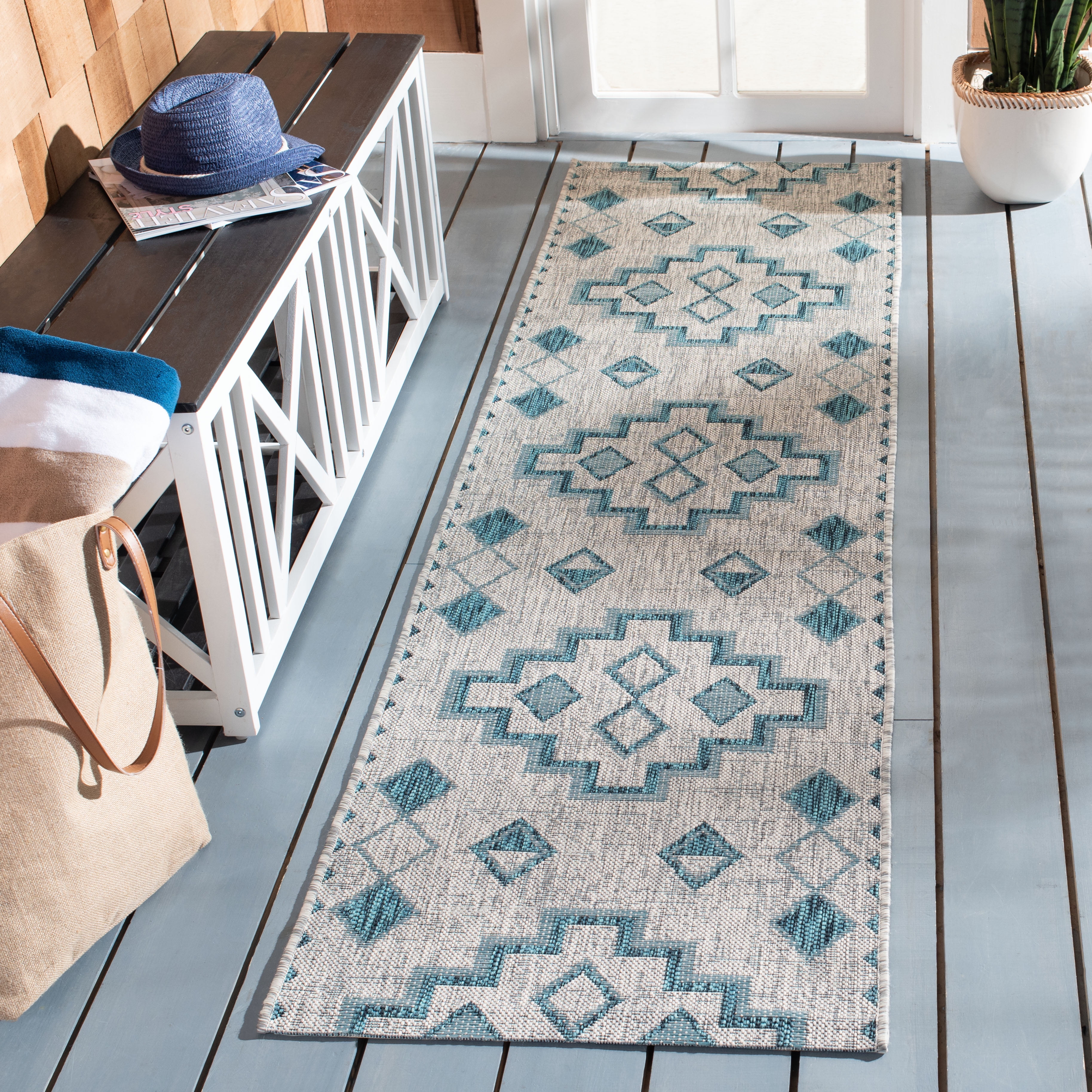 SAFAVIEH Courtyard Floella Geometric Indoor/Outdoor Runner Rug, Grey/Teal, 2'3" x 6'7"