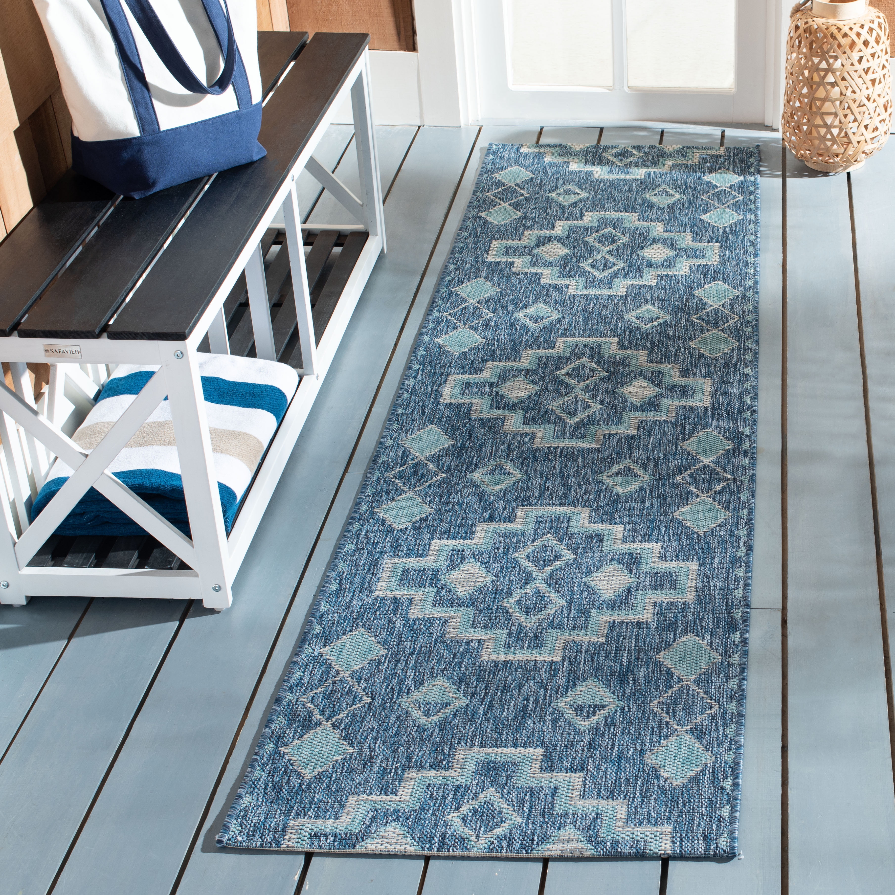SAFAVIEH Courtyard Floella Geometric Indoor/Outdoor Runner Rug, Navy/Aqua, 2'3" x 12'