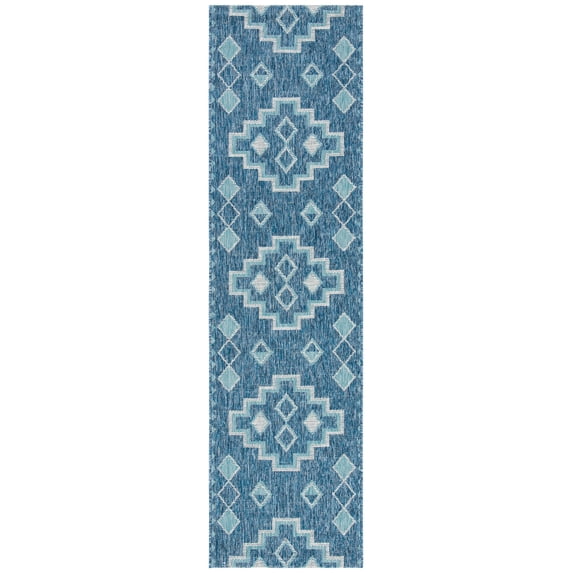 SAFAVIEH Courtyard Floella Geometric Indoor/Outdoor Runner Rug, Navy/Aqua, 2'3" x 6'7"