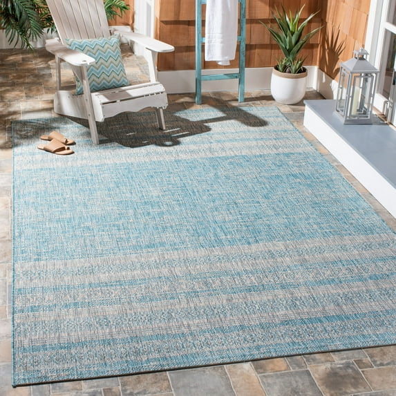 SAFAVIEH Courtyard Galen Distressed Striped Indoor/Outdoor Area Rug, 6'7" x 9'6", Aqua/Grey