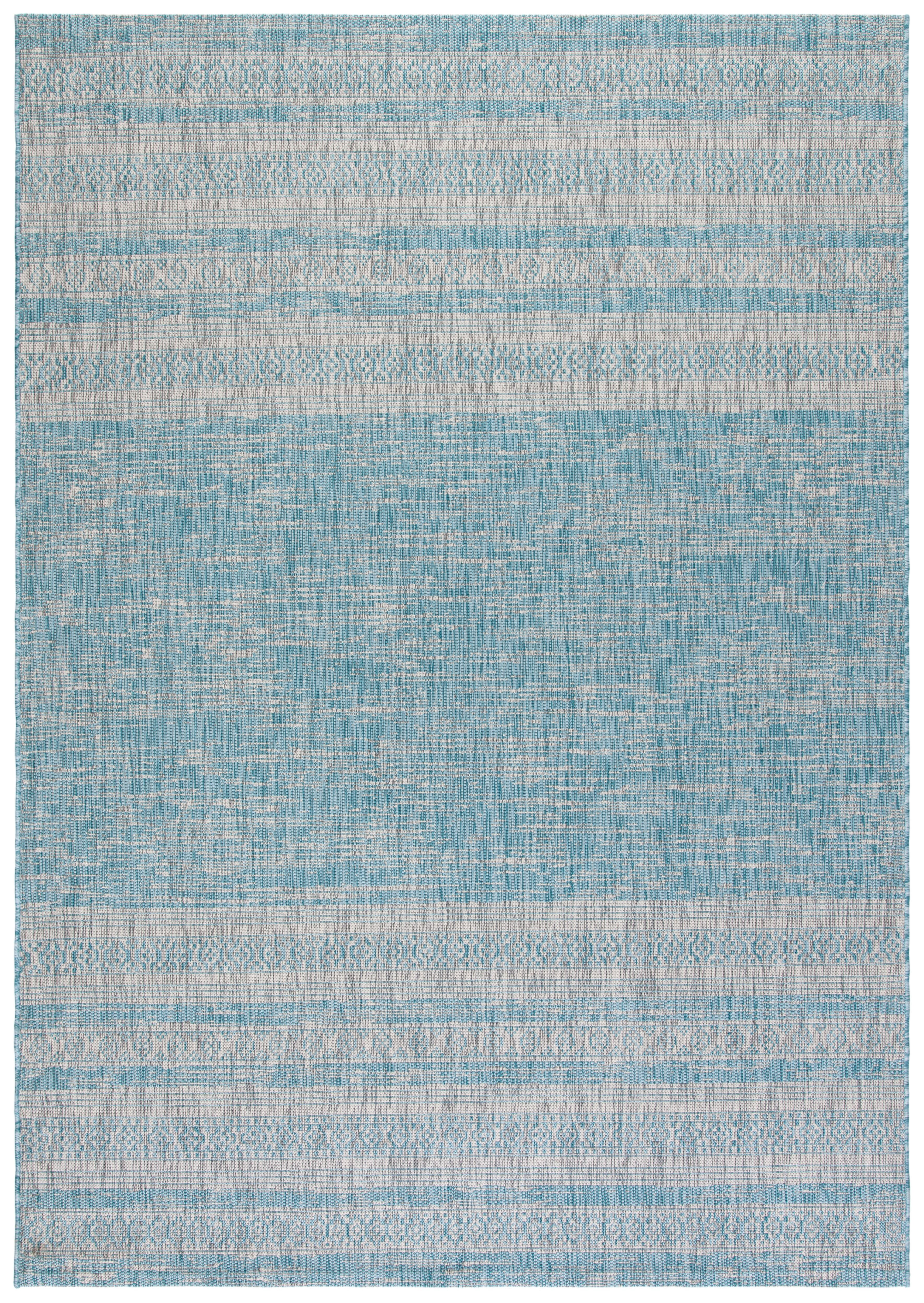 SAFAVIEH Courtyard Galen Distressed Striped Indoor/Outdoor Area Rug, 6'7" x 9'6", Aqua/Grey
