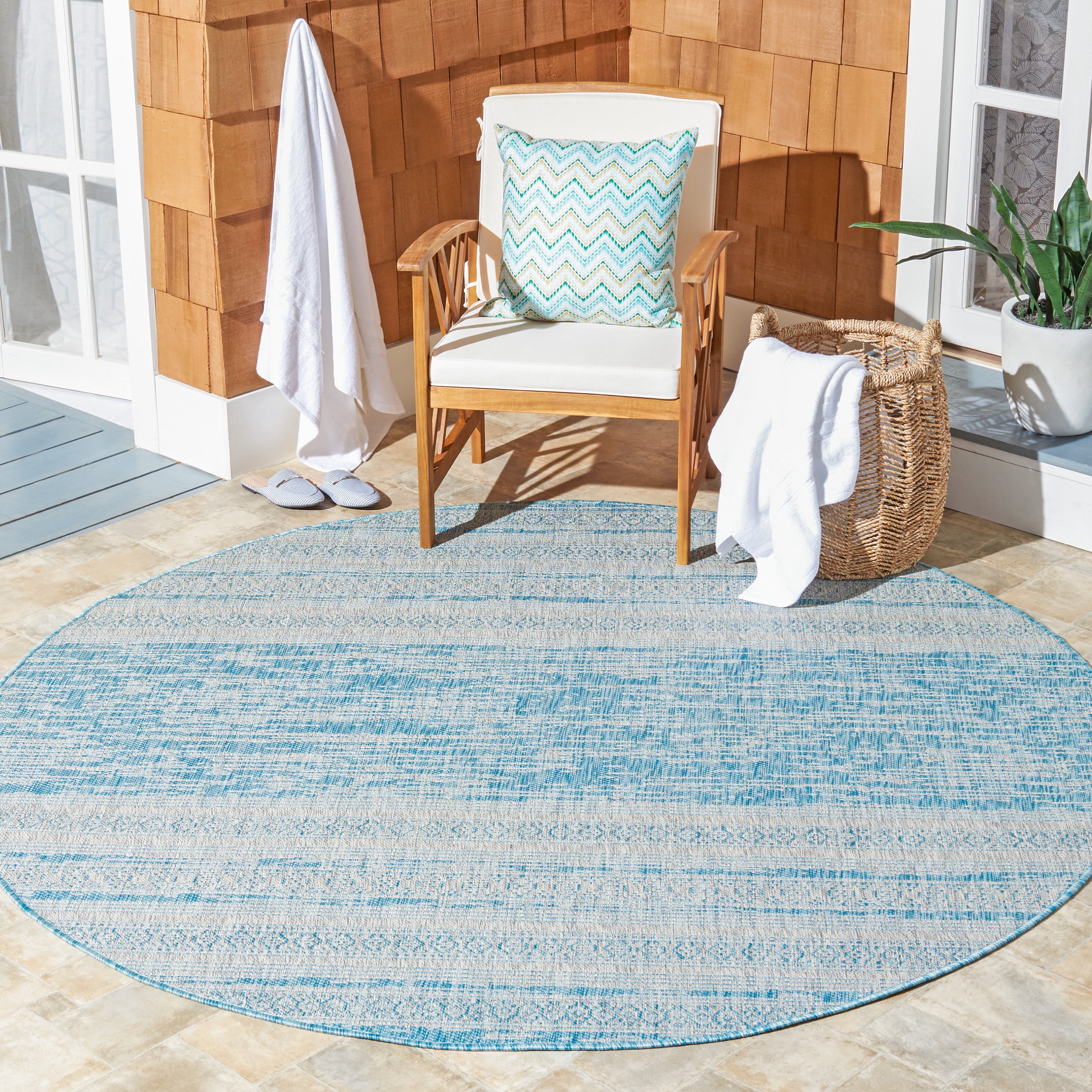 Safavieh Courtyard Galen Striped Indoor/Outdoor Area Rug, Aqua/Gray, 6'7" x 6'7" Round