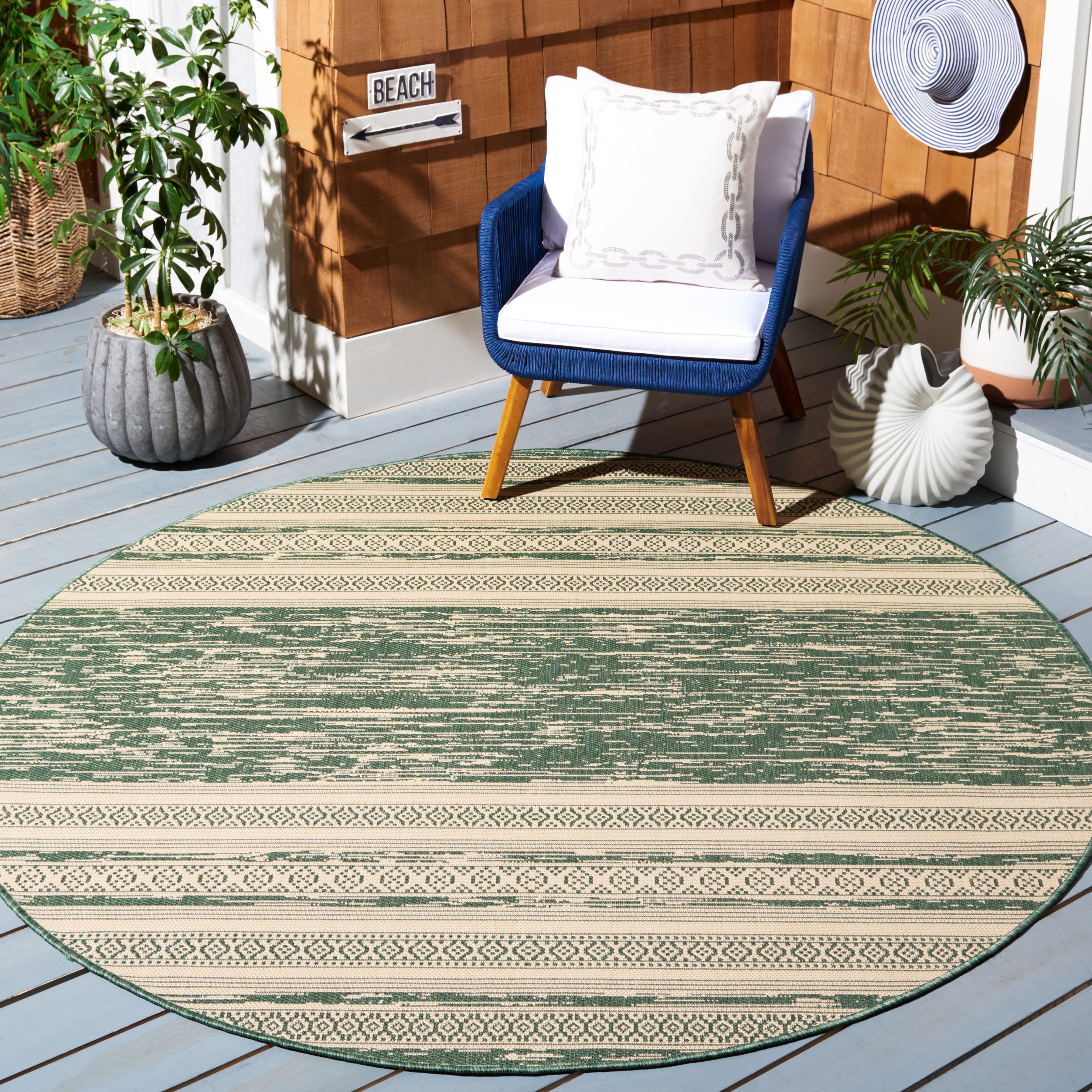 Safavieh Courtyard Galen Striped Indoor/Outdoor Area Rug, Dark Green/Beige, 6'7" x 6'7" Round