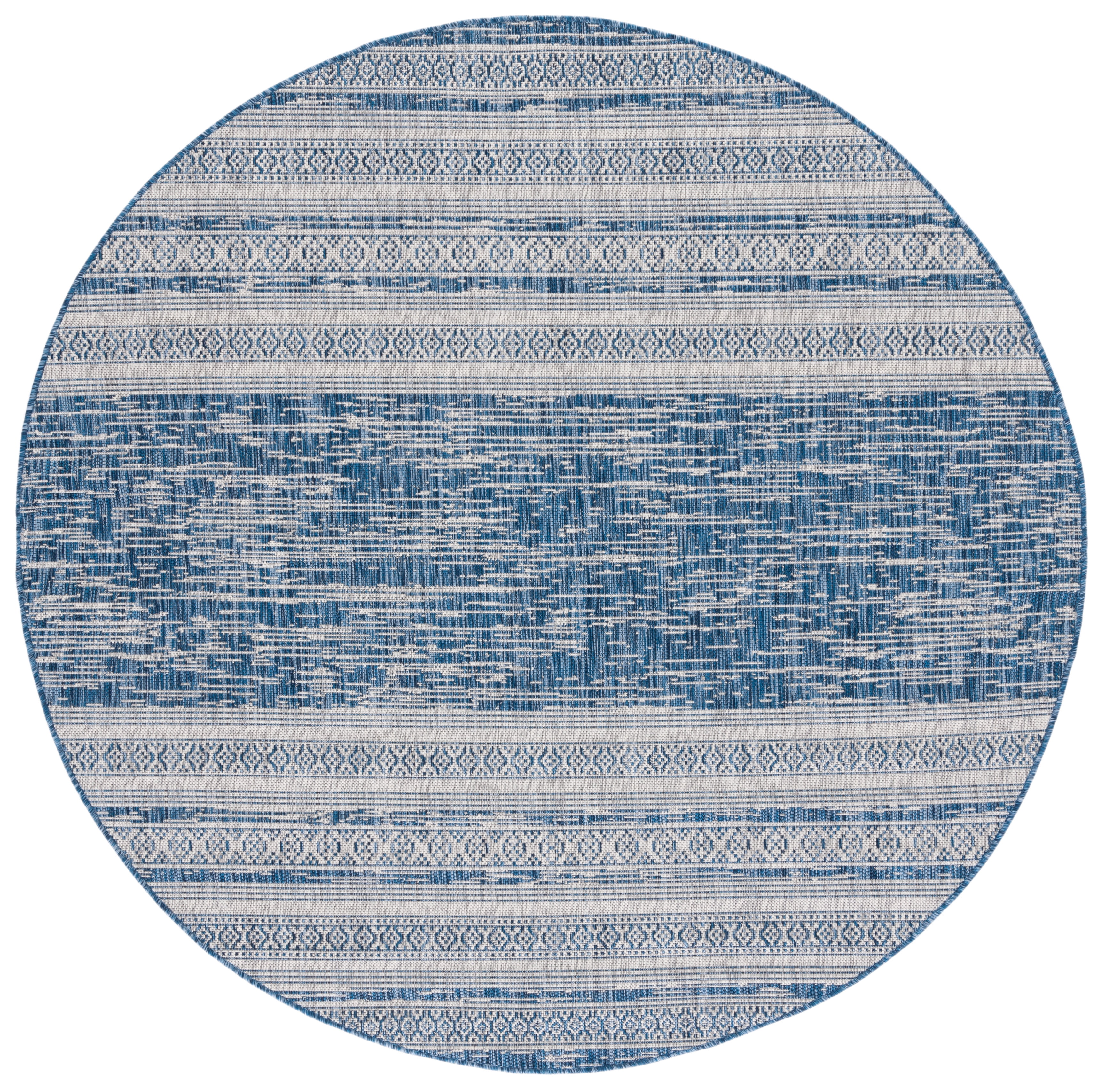 SAFAVIEH Courtyard Galen Striped Indoor/Outdoor Area Rug, Navy/Grey, 6'7" x 6'7" Round
