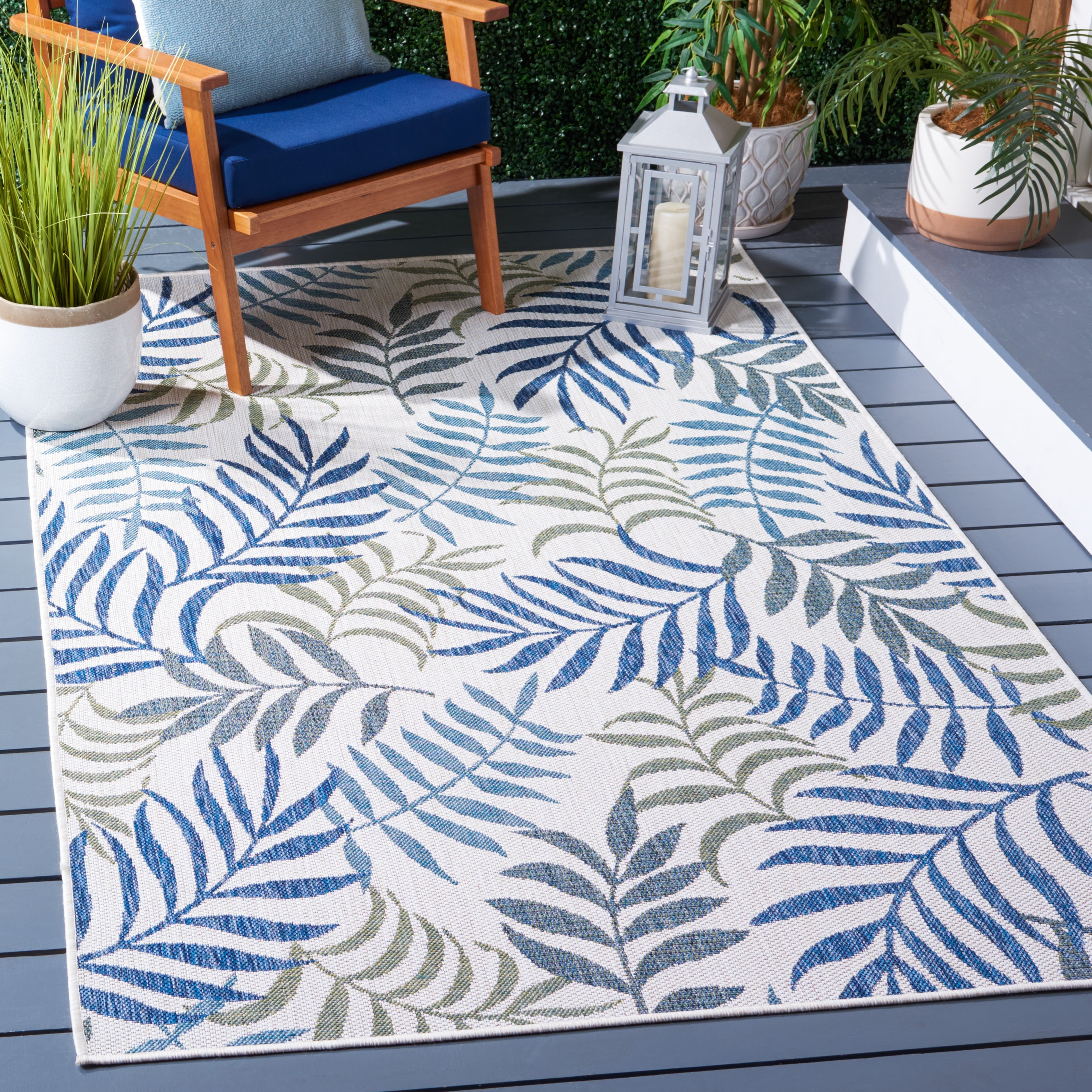 Blue Botanical Pattern Rectangular Indoor/Outdoor Area Rug