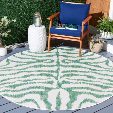 SAFAVIEH Courtyard Gerald Animal Indoor/Outdoor Area Rug, Ivory/Green, 6'7" x 6'7" Round