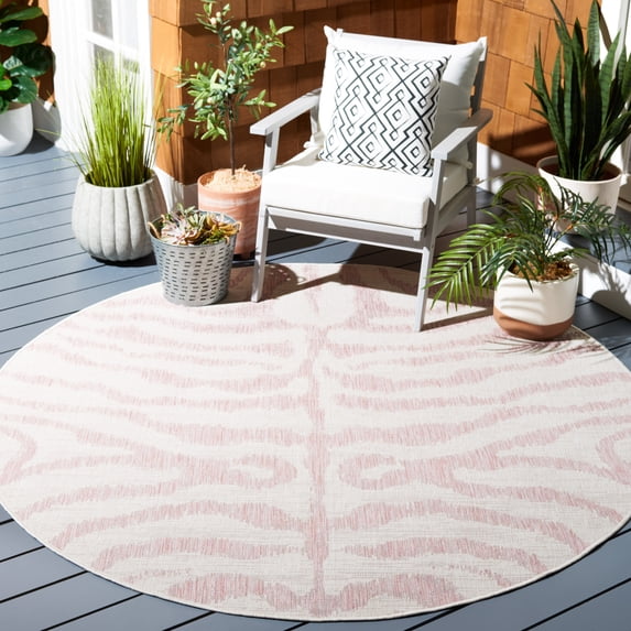 SAFAVIEH Courtyard Gerald Animal Indoor/Outdoor Area Rug, Ivory/Pink, 6'7" x 6'7" Round