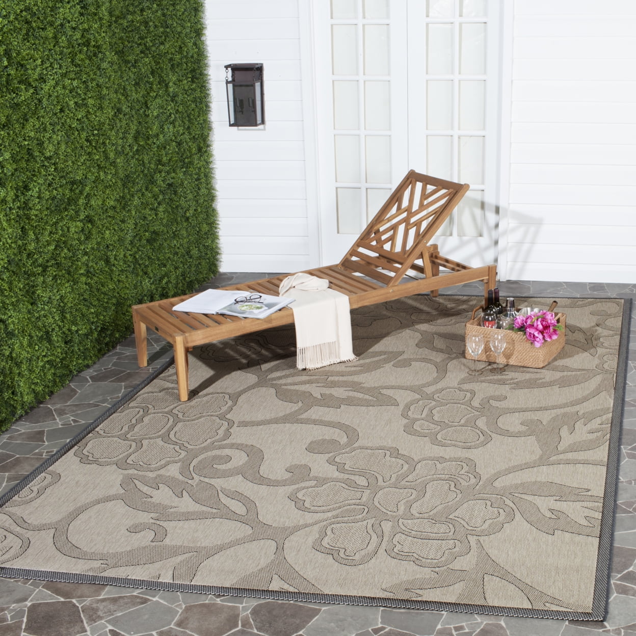 Sand and Black Floral Motif Rectangular Outdoor Rug