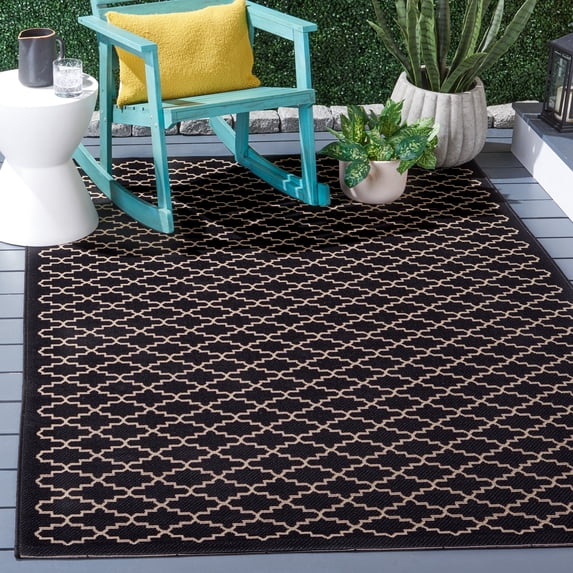 Safavieh Courtyard Hilbert Geometric Indoor/Outdoor Area Rug, Black/Beige, 5'3" x 5'3" Square