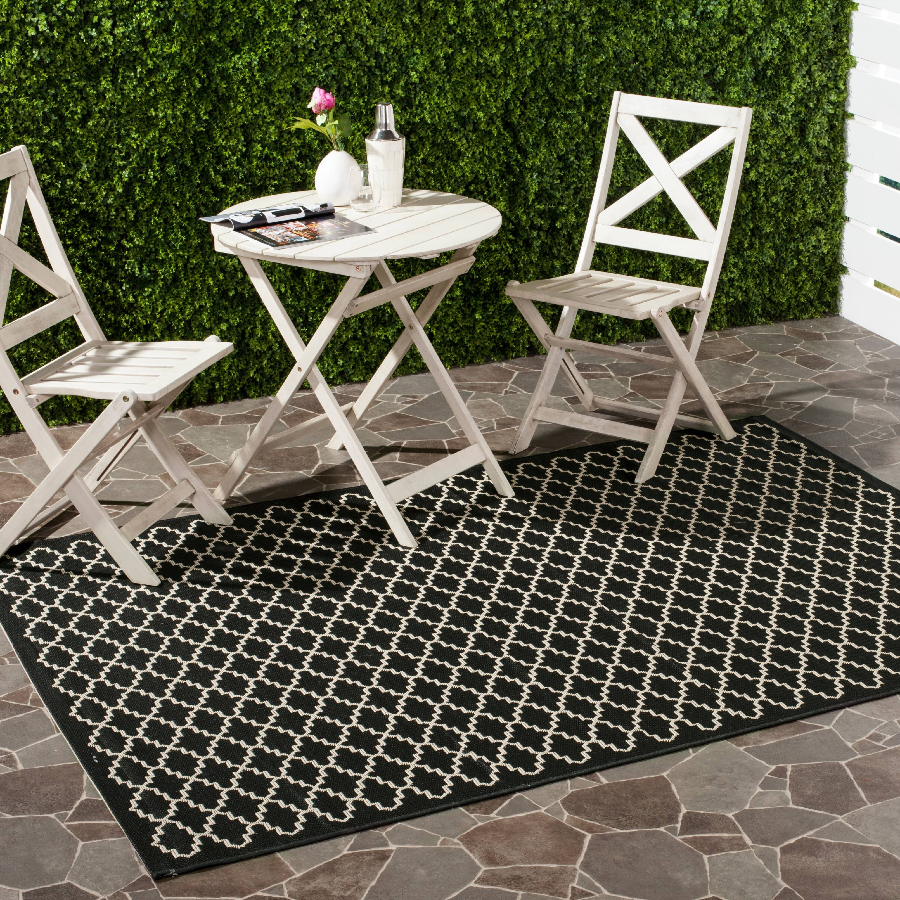 Black and Beige Square Synthetic Indoor/Outdoor Area Rug