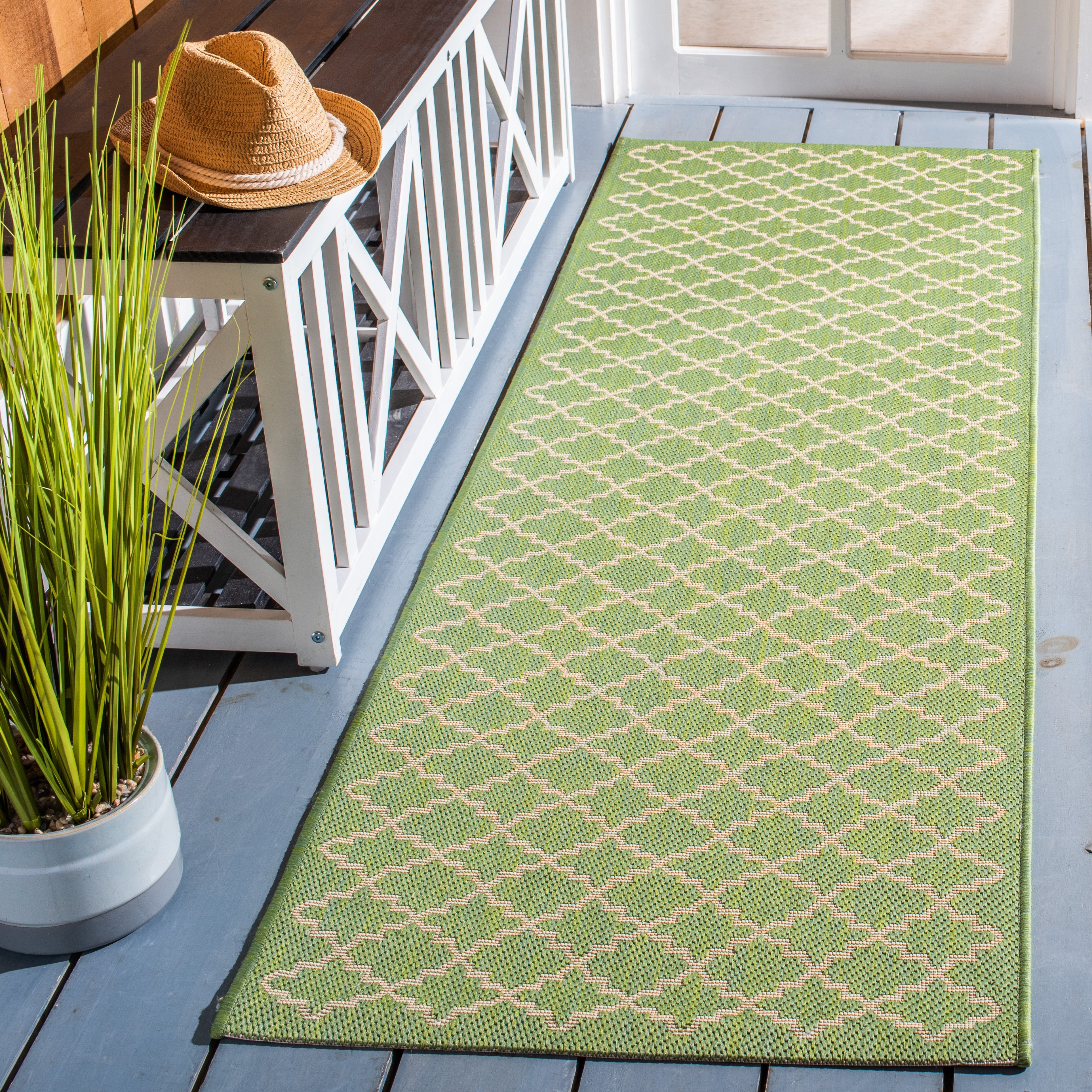 Safavieh Courtyard Hilbert Geometric Indoor/Outdoor Runner Rug, Green/Beige, 2'3" x 14'