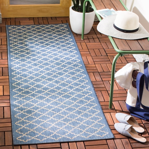 Safavieh Courtyard Hilbert Geometric Indoor/Outdoor Runner Rug, Blue/Beige, 2'3" x 18'