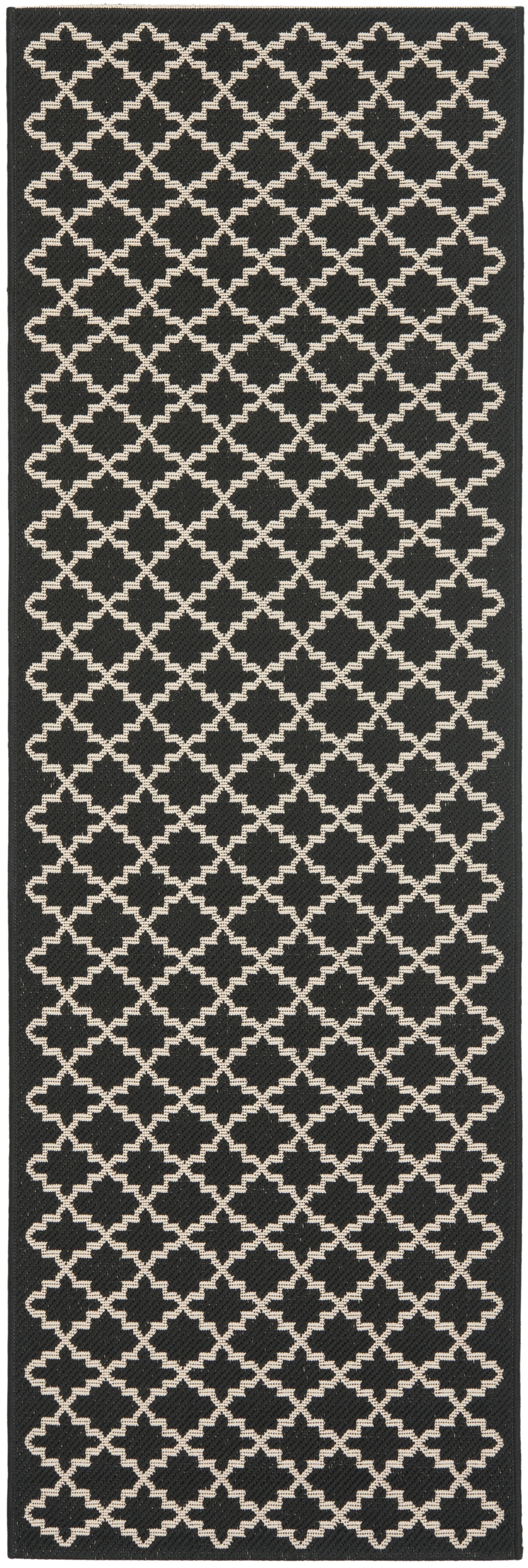 Reversible Black & Beige Synthetic Indoor/Outdoor Flat Woven Rug