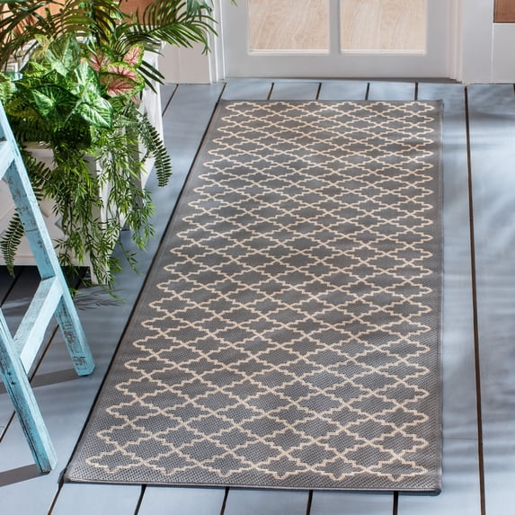 Safavieh Courtyard Hilbert Geometric Indoor/Outdoor Runner Rug, Anthracite/Beige, 2'3" x 16'